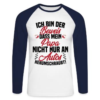 Ich Bin der Beweis DASS Papa Nicht nur an Autos - Unisex Baseballshirt langarm - Weiß/Navy - Vorne - Nik (191cm)