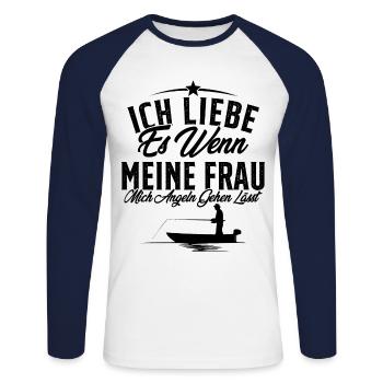 Ich liebe es, wenn meine Frau / Angeln - Unisex Baseballshirt langarm - Weiß/Navy - Vorne - Nik (191cm)