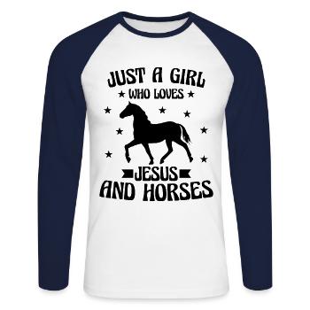 juste une fille qui aime jesus et les chevaux - T-shirt baseball manches longues Homme - blanc/marine - Devant - Nik (191cm)