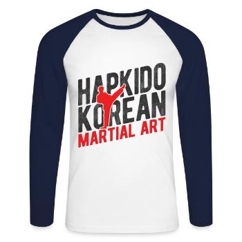 Koreanischer Kampfsport Hapkido - Unisex Baseballshirt langarm - Weiß/Navy - Vorne - Nik (191cm)
