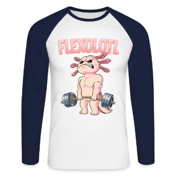 Flexolotl Bodybuilding Fitness Gym - Unisex Baseballshirt langarm - Weiß/Navy - Vorne - Nik (191cm)