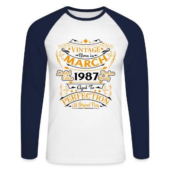 Vintage Born In March 1987 Geburtstagsgeschenk - Unisex Baseballshirt langarm - Weiß/Navy - Vorne - Nik (191cm)