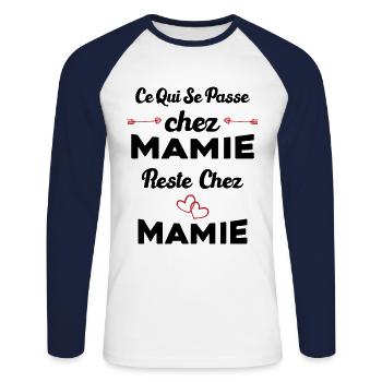 Ce qui se passe chez mamie reste chez mamie Cadeau - T-shirt baseball manches longues Homme - blanc/marine - Devant - Nik (191cm)