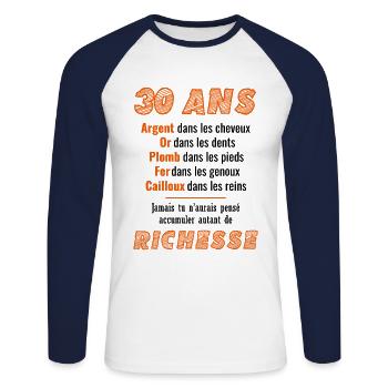 30 Ans Anniversaire Drôle Idée Cadeau - T-shirt baseball manches longues Homme - blanc/marine - Devant - Nik (191cm)