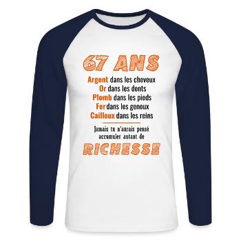 67 Year Old Birthday Funny Gift Idea - Unisex Long Sleeve Baseball T-Shirt - white/navy - Front - Nik (191cm)