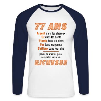 77 Ans Anniversaire Drôle Idée Cadeau - T-shirt baseball manches longues Homme - blanc/marine - Devant - Nik (191cm)