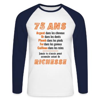 75 Ans Anniversaire Drôle Idée Cadeau - T-shirt baseball manches longues Homme - blanc/marine - Devant - Nik (191cm)