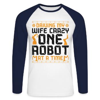 Femme de l’ingénieur en robotique robotique - T-shirt baseball manches longues Homme - blanc/marine - Devant - Nik (191cm)