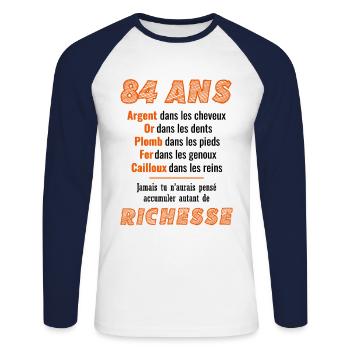 84 Ans Anniversaire Drôle Idée Cadeau - T-shirt baseball manches longues Homme - blanc/marine - Devant - Nik (191cm)