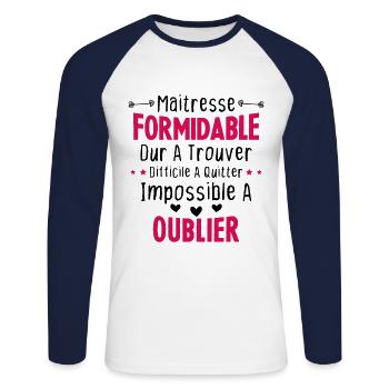 Maîtresse formidable cadeau Maîtresse d'école - T-shirt baseball manches longues Homme - blanc/marine - Devant - Nik (191cm)