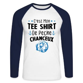 tee shirt pêcheur homme cadeau drole pêche - T-shirt baseball manches longues Homme - blanc/marine - Devant - Nik (191cm)