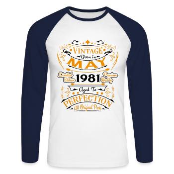Mai 1981 Vintage Nées En Mai 1981 Anniversaire - T-shirt baseball manches longues Homme - blanc/marine - Devant - Nik (191cm)