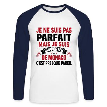 Pas parfait mais je suis supporter de Monaco - T-shirt baseball manches longues Homme - blanc/marine - Devant - Nik (191cm)