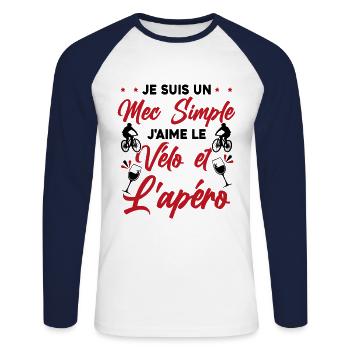 Je suis un Mec Simple j'aime Le Vélo Et L'apéro - T-shirt baseball manches longues Homme - blanc/marine - Devant - Nik (191cm)