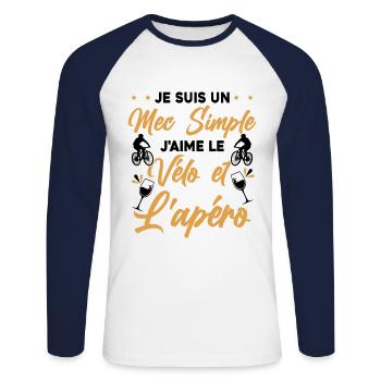 Je suis un Mec Simple j'aime Le Vélo Et L'apéro - T-shirt baseball manches longues Homme - blanc/marine - Devant - Nik (191cm)