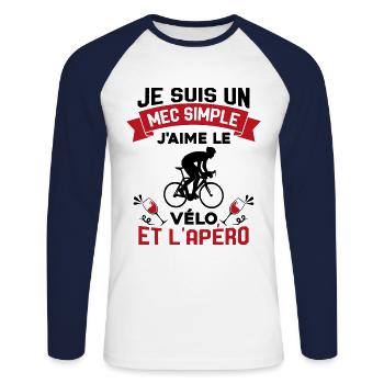 Je suis un Mec Simple j'aime Le Vélo Et L'apéro - T-shirt baseball manches longues Homme - blanc/marine - Devant - Nik (191cm)