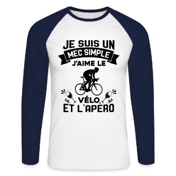 Je suis un Mec Simple j'aime Le Vélo Et L'apéro - T-shirt baseball manches longues Homme - blanc/marine - Devant - Nik (191cm)