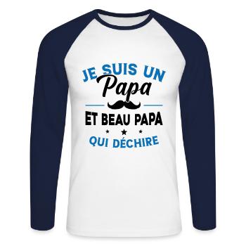 Je suis un Papa et Beau Papa qui déchire Cadeau - T-shirt baseball manches longues Homme - blanc/marine - Devant - Nik (191cm)