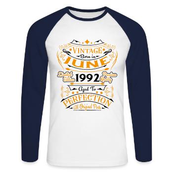 June 1992 Vintage Born in June 1992 Anniversary - Unisex Long Sleeve Baseball T-Shirt - white/navy - Front - Nik (191cm)