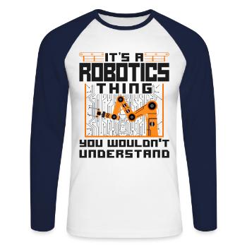 Ingénieur Robotique Robot Vintage - T-shirt baseball manches longues Homme - blanc/marine - Devant - Nik (191cm)