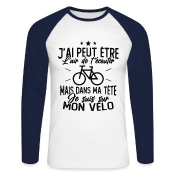 Dans Ma Tête Je suis sur Mon Vélo Humour Cyclisme - T-shirt baseball manches longues Homme - blanc/marine - Devant - Nik (191cm)