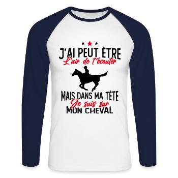 Je suis à cheval - cadeau humour cheval équitation - T-shirt baseball manches longues Homme - blanc/marine - Devant - Nik (191cm)