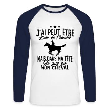 Je suis à cheval - cadeau humour cheval équitation - T-shirt baseball manches longues Homme - blanc/marine - Devant - Nik (191cm)