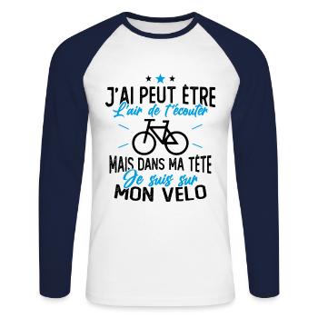 Dans Ma Tête Je suis sur Mon Vélo Humour Cyclisme - T-shirt baseball manches longues Homme - blanc/marine - Devant - Nik (191cm)