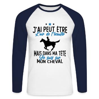Je suis à cheval - cadeau humour cheval équitation - T-shirt baseball manches longues Homme - blanc/marine - Devant - Nik (191cm)