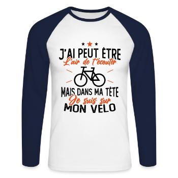 Dans Ma Tête Je suis sur Mon Vélo Humour Cyclisme - T-shirt baseball manches longues Homme - blanc/marine - Devant - Nik (191cm)