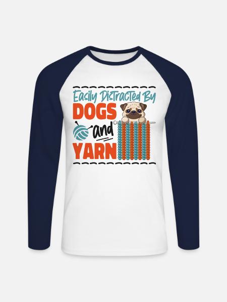 Knitting Knitter Dog Pug Easily - Unisex Long Sleeve Baseball T-Shirt - white/navy