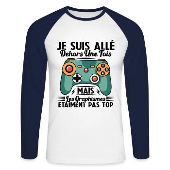 Cadeau Humour Console Graphisme Jeux Vidéo - T-shirt baseball manches longues Homme - blanc/marine - Devant - Nik (191cm)
