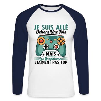Cadeau Humour Console Graphisme Jeux Vidéo - T-shirt baseball manches longues Homme - blanc/marine - Devant - Nik (191cm)