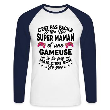 Super Maman Gameuse Humour Gamer Cadeau - T-shirt baseball manches longues Homme - blanc/marine - Devant - Nik (191cm)