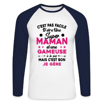 Super Maman Gameuse Humour Gamer Cadeau - T-shirt baseball manches longues Homme - blanc/marine - Devant - Nik (191cm)