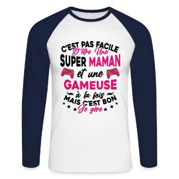 Super Maman Gameuse Humour Gamer Cadeau - T-shirt baseball manches longues Homme - blanc/marine - Devant - Nik (191cm)