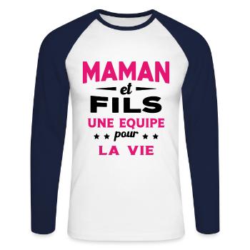Maman et Fils une equipe Cadeau Fête Des Mères - T-shirt baseball manches longues Homme - blanc/marine - Devant - Nik (191cm)