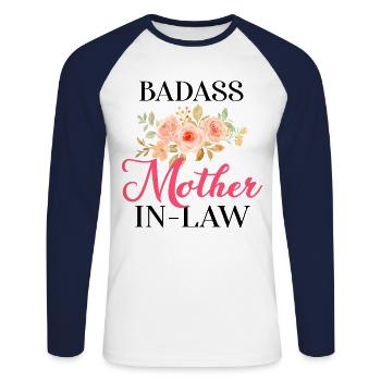 Mother's Day Badass Mother in law - Unisex Long Sleeve Baseball T-Shirt - white/navy - Front - Nik (191cm)