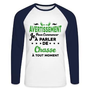 Parler de chasse à tout moment Humour chasseur - T-shirt baseball manches longues Homme - blanc/marine - Devant - Nik (191cm)