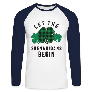 Let The Shenanigans Begin Shamrock St Patricks Day - Unisex Long Sleeve Baseball T-Shirt - white/navy - Front - Nik (191cm)