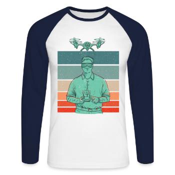 Retro Graphic Drone Flying Quadcopter Pilot RC Dro - Unisex Long Sleeve Baseball T-Shirt - white/navy - Front - Nik (191cm)