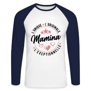 Mamina L'unique L'originale L'exeptionnelle Maman - T-shirt baseball manches longues Homme - blanc/marine - Devant - Nik (191cm)