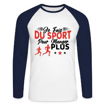 Je fais du Sport pour Manger plus Humour Cadeau - T-shirt baseball manches longues Homme - blanc/marine - Devant - Nik (191cm)