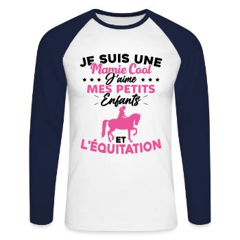 Mamie j'aime mes petite enfants et l'équitation - T-shirt baseball manches longues Homme - blanc/marine - Devant - Nik (191cm)