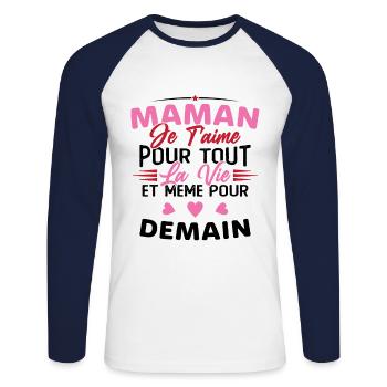 Maman je t'aime Mère Bébé Naissance Amour - T-shirt baseball manches longues Homme - blanc/marine - Devant - Nik (191cm)