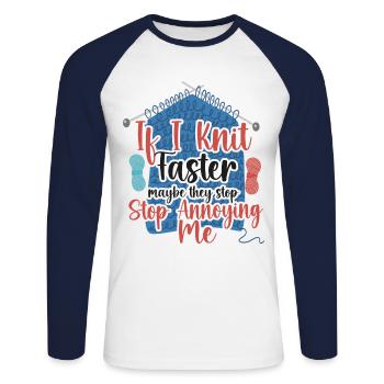 Tricoter si je tricote plus vite - T-shirt baseball manches longues Homme - blanc/marine - Devant - Nik (191cm)