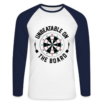 Unbeatable On The Board Dart Player Darting Darts - Unisex Long Sleeve Baseball T-Shirt - white/navy - Front - Nik (191cm)