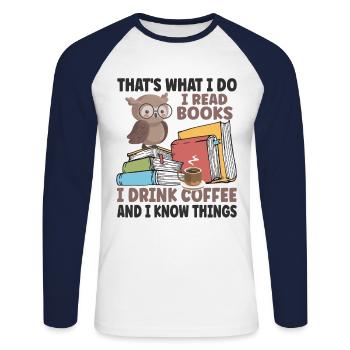 Je lis des livres - T-shirt baseball manches longues Homme - blanc/marine - Devant - Nik (191cm)