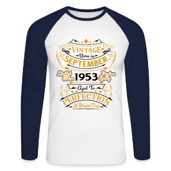 Vintage Nées En Septembre 1953 Cadeau - T-shirt baseball manches longues Homme - blanc/marine - Devant - Nik (191cm)