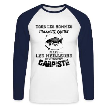 Carpiste homme.Pêcheur. pêche. Poisson cadeau - T-shirt baseball manches longues Homme - blanc/marine - Devant - Nik (191cm)